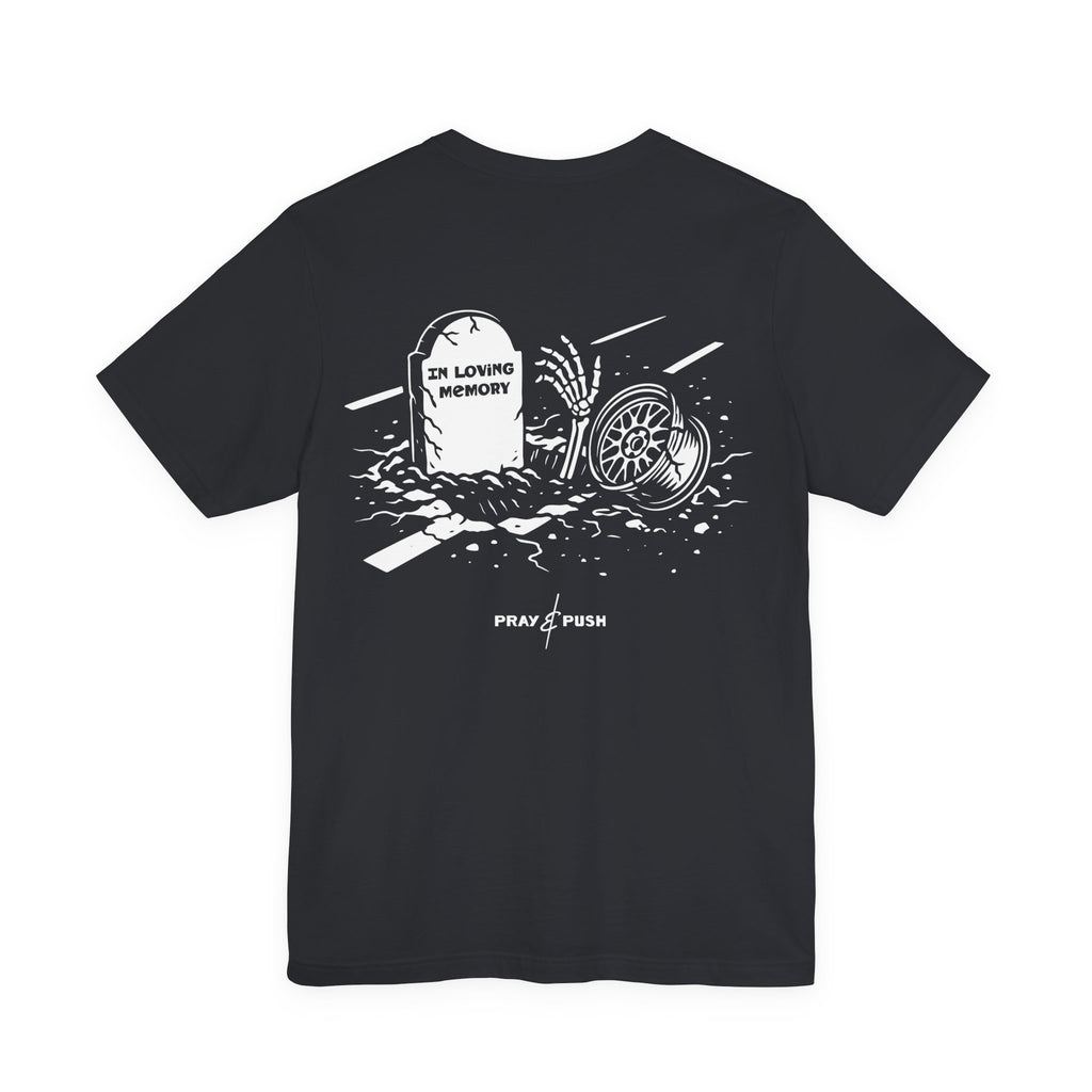 Black t-shirt with white graphic design 