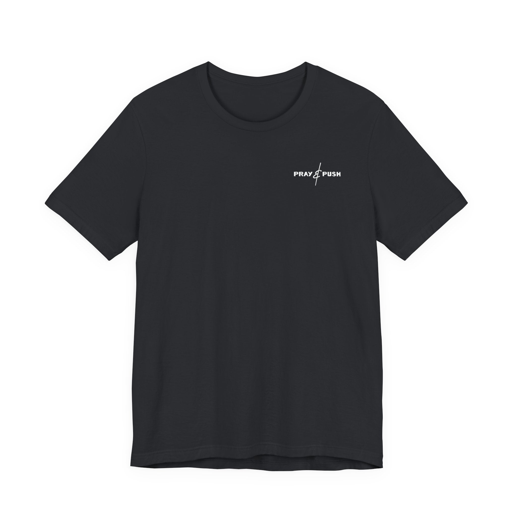 Black t-shirt with a white logo on 